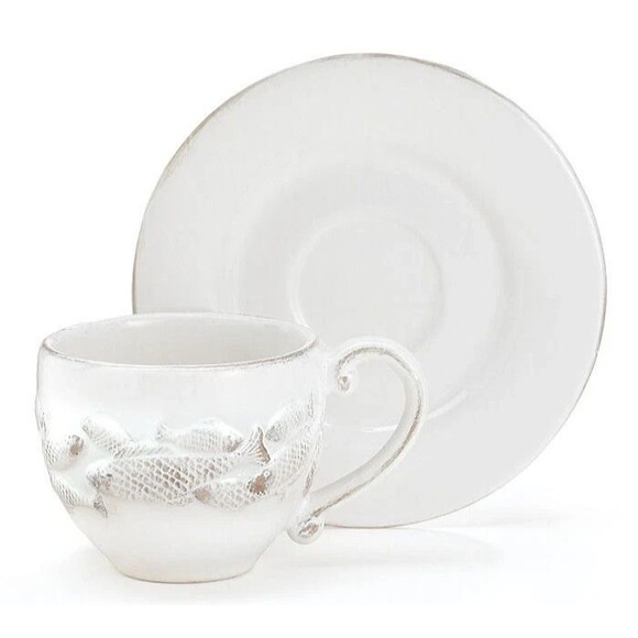 burton+Burton Mariner Bay Ceramic Teacup & Saucer Gift Set Fish Rustic Boxed - Picture 2 of 9